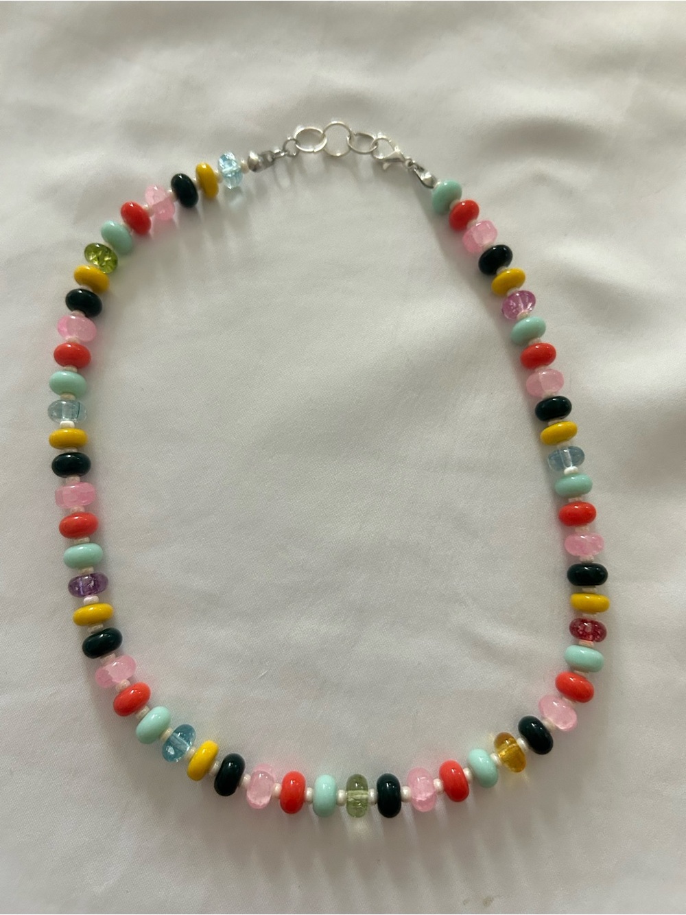 Handmade Multicolor Beaded Women's Necklace with Pink, Red, Yellow & Mint Beads🌈